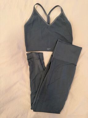 SET Active Slate Blue Seamless Ribbed Sports Bra & Leggings Set